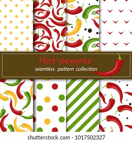 Eight seamless fabrics for forwarding mask. Chili peppers seamless pattern. Beautiful bright red pepper on white background stock vector.