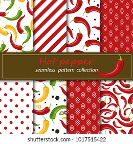 Eight seamless fabrics for forwarding mask. Chili peppers seamless pattern. Beautiful bright red pepper on white background stock vector.
