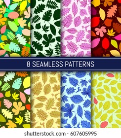 Eight seamless patterns. Abstract colorful leaves background. Vector illustration.