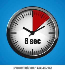 Eight Seconds Clock on blue background. Clock 3d icon. Stopwatch icon. Vector illustration EPS 10.