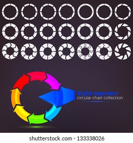 Eight Segment Graph Circular Charts Clip Art Set, In Seven Template Design Variations And Three Variations Of Thickness