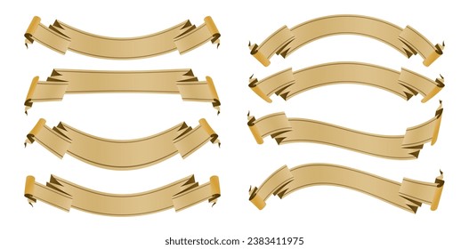 eight set of golden ribbons banners isolated white backgrounds for decks, collages, scene designs, User interface, Branding or identity campaigns, Stationery prints layouts, Presentations materials