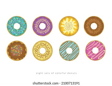 ocho conjuntos de donuts coloridos