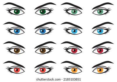 Eight sets of vector female eyes in various colors