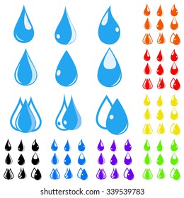 Eight sets of water drops in various colors. Flat design