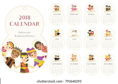 eight shaped 2018 calendar with Indonesian Traditional clothes. Indonesian children wearing traditional clothes. printable 2018 calendar template, vector design.