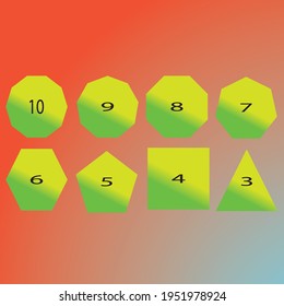 Eight shapes having ten to three corners with light color background