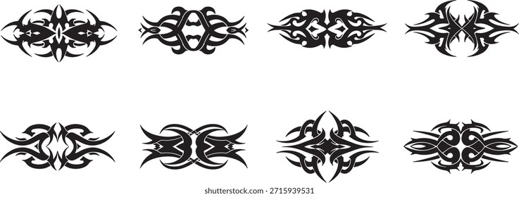 Eight sharp, horizontal black tribal graphics with intricate details, designed for decorative use or upper back tattoos.