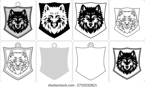 Eight shield-shaped banners display various artistic interpretations of wolf heads, ranging from detailed to abstract, in black and white.