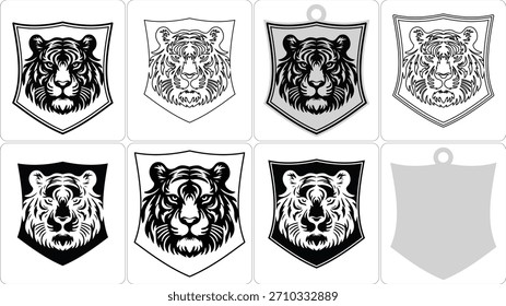 Ocho Anuncios en forma de escudo con diseños de cabeza de tigre en blanco y negro, que muestran diferentes interpretaciones artísticas y un Anuncio en blanco.