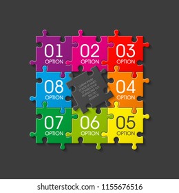 Eight sided 3d puzzle presentation. Abstract puzzle infographic template with explanatory text field for business statistics. Vector 8 pieces puzzles illustration. Section eight compare service banner
