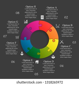 Eight sided 3d round puzzle presentation. Abstract puzzle infographic template explanatory text business statistic. Vector 8 pieces puzzles illustration. Section eight circle compare service banner