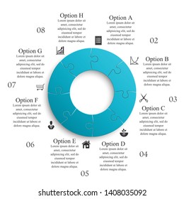 Eight sided 3d round puzzle presentation. Abstract puzzle infographic template explanatory text business statistic. Vector 8 pieces puzzles illustration. Section eight circle compare service banner