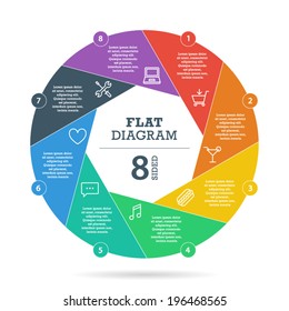 Eight sided flat shutter diagram template for your business presentation with text areas and icons. Vector infographic graphic design.