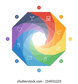 Eight sided flat shutter diagram template for your business presentation with text areas and icons. Vector infographic graphic design.