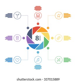 Eight sided flat shutter diagram template for your business presentation with text areas and icons. Editable vector infographic graphic design. White background.