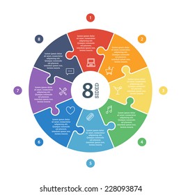 Eight sided, numbered flat rainbow spectrum colored puzzle presentation infographic chart with explanatory text field isolated on white background. Vector graphic template.