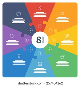 Eight sided, numbered flat rainbow spectrum colored puzzle presentation infographic chart with explanatory text field isolated on white background. Vector graphic template.