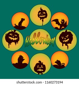 Eight silhouette icons and an inscription on the theme of Halloween.