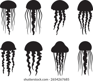 Eight silhouettes of jellyfish ocean life sea creatures