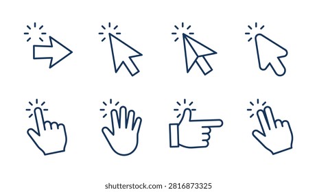 Eight simple icons showing different mouse cursor actions with light spark effects around fingertips