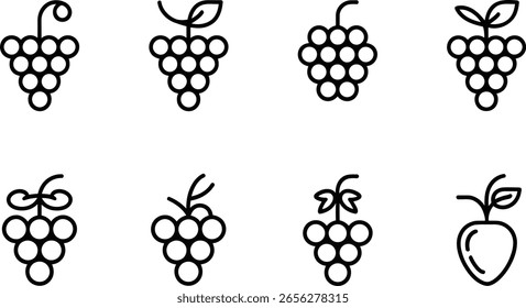 Eight Simple Line Art Grape Icons:  Fresh, Clean, Minimalist Design.