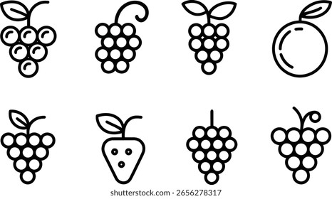 Ocho iconos simples de la uva del arte de la línea: diseño fresco, limpio, minimalista.