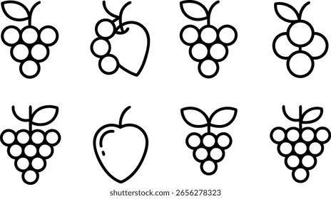 Oito Simples Linha Arte Uva Ícones: Fresco, Limpo, Design Minimalista.
