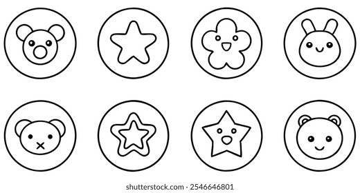 Oito simples ícones de linhas artísticas de rostos de animais bonitos (urso, coelho) e estrelas, fechados em círculos. Adequado para designs infantis.