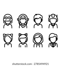 Eight simple line art icons showing people wearing different headgear including blindfold hood cap hard hat cat ears and suit with tie isolated on transparent background