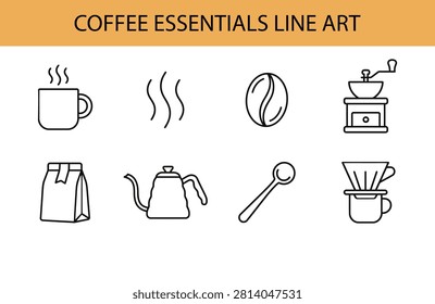 Eight simple line art icons depicting coffee cup steam coffee bean grinder bag kettle spoon and pourover brewer