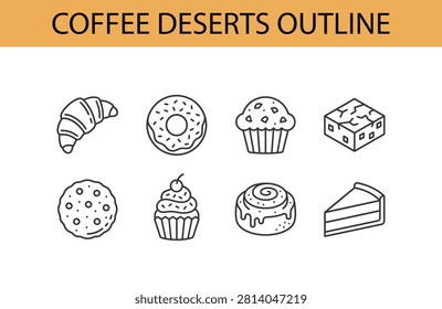 Eight simple line drawings showing croissant donut muffin brownie cookie cupcake cinnamon roll slice cake