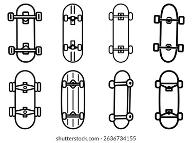 Eight skateboard illustrations outlined in black displayed on a white background. Diverse skateboard designs showcasing decks, trucks, and wheels in a simple, minimal vector style.