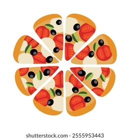 Eight slices of pizza icon. Italian fast food flat vector illustration. Pizza with mozzarella, olives, tomatoes and basil