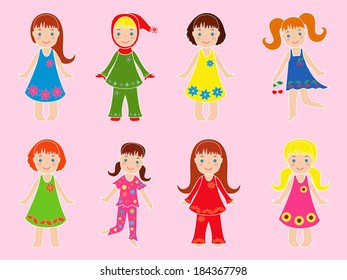 Eight small girls in various garments on a pink background, multicolor vector illustration