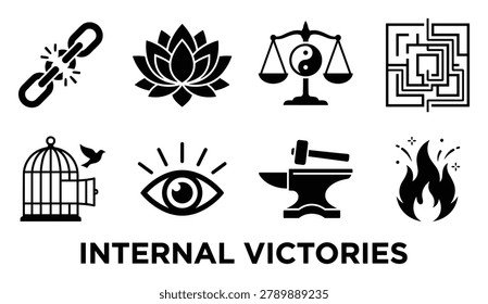 Eight solid black icons symbolizing internal victory concepts such as freedom, balance, and enlightenment.