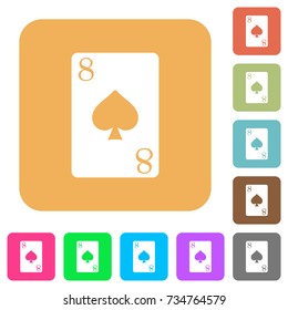 Eight of spades card flat icons on rounded square vivid color backgrounds.