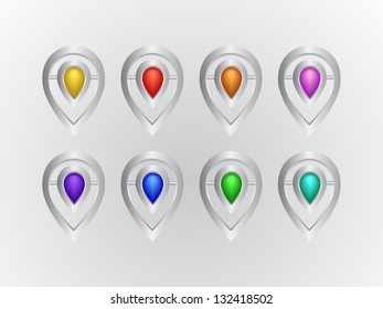 Eight spatial graphic metal elements in different colors