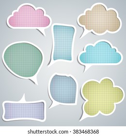 eight speech clouds of different colors in a cage-like sheet 