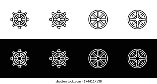 Eight spoked wheel icon set. Flat design icon collection isolated on black and white background. Buddhist symbolism.