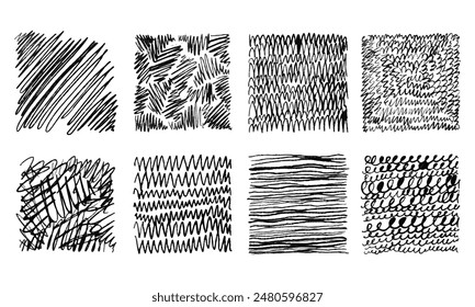 Eight square backgrounds with various hand-drawn textures. Doodles and squiggles. Vector set