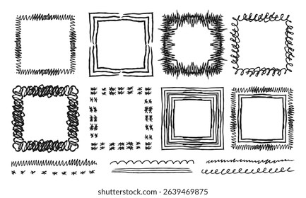 Eight square handwritten frames and six decorative stripes, underlines. Black doodles, squiggles on a white background. Vector set