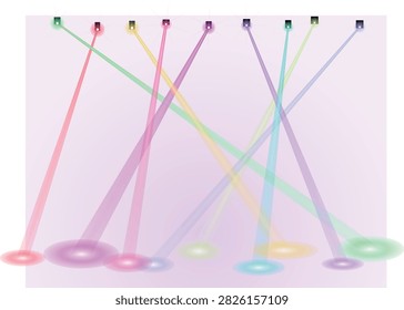 Eight square light sources emit colored beams, creating overlapping illuminated circles on a gradient purple background.