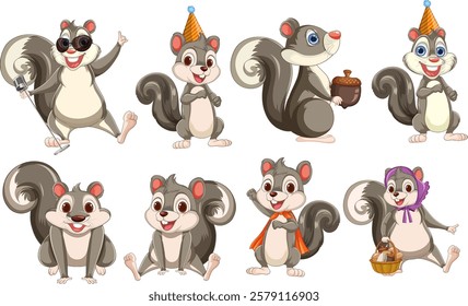 Eight squirrels with accessories and playful expressions