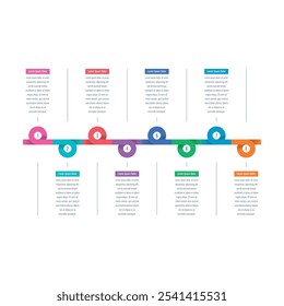 modelo de resumo de oito passos. modelo infográfico linear. Modelo infográfico para educação, indústria, negócios, relatório anual de arte, modelo de informações de revista