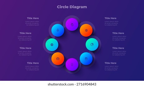 Diagrama de Círculo com Oito Passos. Modelo infográfico de gradiente de 8 etapas para apresentação, fluxo de processo em várias etapas, estratégia de negócios e visualização de dados