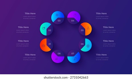 Diagrama de infografía circular de ocho pasos para la estrategia empresarial.
