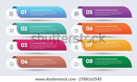 Eight step horizontal infographic process list with colorful tabs