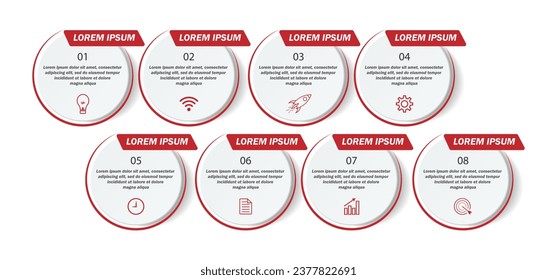 eight step infographic design, simple infographic design, lines, colors, icons, interconnected, suitable for your business presentation