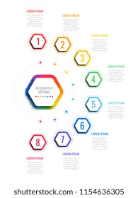 eight steps 3d infographic template with hexagonal elements. business process template with options for brochure, diagram, workflow, timeline, web design